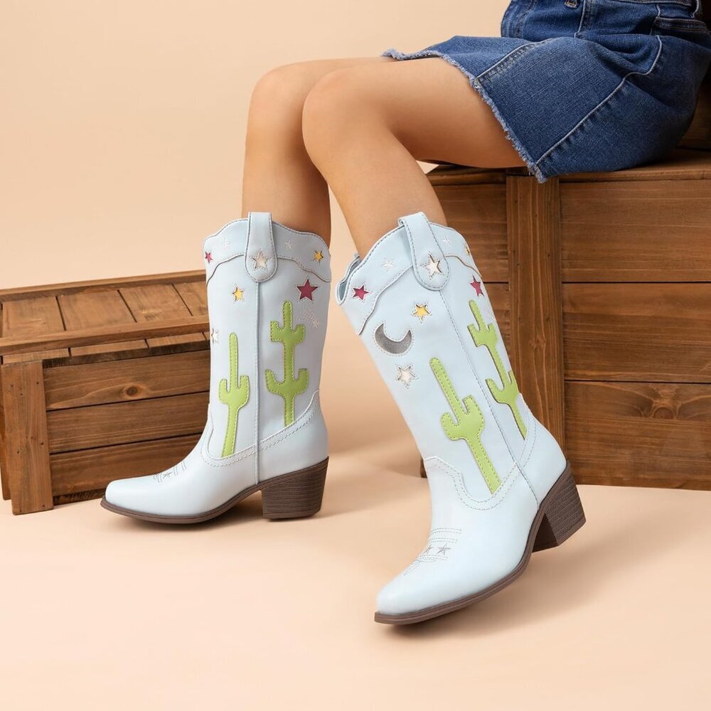 Girls Cowboy Boots Cowgirl Western Boots with Low Heel Square Toe for Little Kid - Picture 2 of 5